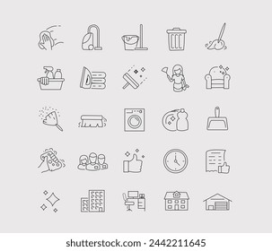 Cleaning service, icon set, services for cleaning and laundry in various rooms. Icons for the website.Line with editable stroke.