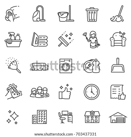 Cleaning service, icon set, services for cleaning and laundry in various rooms. Icons for the website.Line with editable stroke