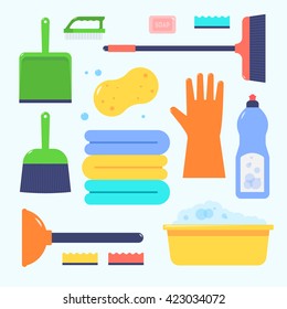 Cleaning service icon template. Cleaning set flat icon. Cleaning company design element for web, banner, shop. Cartoon cleaning illustration. 