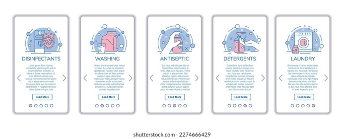 Cleaning service icons. Commercial app. Cleanup infographic. Residential maid agency. Phone application. Disinfection and laundry. Detergent bottles. Vector UI design web banners set