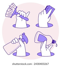 Cleaning service icons, design elements and symbols. Hands in rubber gloves with scraper, brush and detergent. Cartoon flat vector illustration