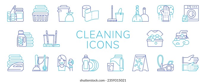 Cleaning service icons. House cleanup. Wet wipes for dust cleaner. Household symbols. Mop and broom. Laundry washer machine. Foam sponge and gloves. Vector flat housekeeping pictograms set