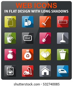 Cleaning service icons set in flat design with long shadow