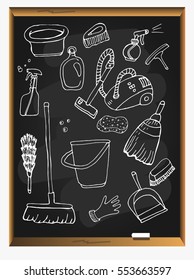 Cleaning service icons set on blackboard background. Broom, dustpan, plastic mop, brush. House cleaning tools vector.