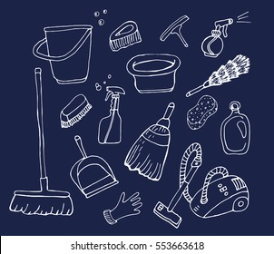 Cleaning service icons set on blue background. Broom, dustpan, plastic mop, brush. House cleaning tools vector.