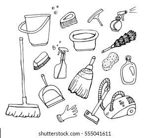 Cleaning service icons set on white background. Broom, dustpan, plastic mop, brush. House cleaning tools vector.