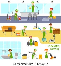 Cleaning service infographic elements. Cleaning office, home and bathroom. Cleaners vector flat illustration.People wash the floor, wipe the dust