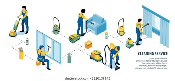 Infografías de servicio de limpieza que representan a una empresa de limpieza profesional con un moderno equipo de ilustración vectorial isométrica