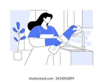 Servicio de limpieza ilustraciones de vectores de dibujos animados aislados. Chica sonriente del servicio de limpieza en fregadero de lavadora de manzanas, servicio de limpieza, pequeñas empresas, caricatura vectorial de mantenimiento de casas.