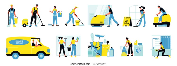 Cleaning service isolated icons set of people working with industrial vacuum cleaner and mini tractor for cleaning of pavement flat vector illustration