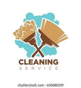 Cleaning service isolated logotype with broom and mop on white