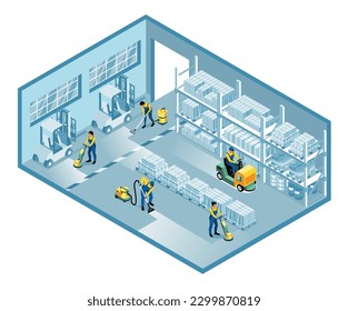 Cleaning service isolated object on white background with workers carrying out cleaning in warehouse vector illustration