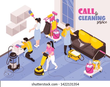 Cleaning service isometric advertising composition with professional team at work with vacuum cleaners sponge duster vector illustration 