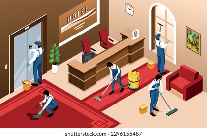 Servicio de limpieza fondo isométrico con equipo de trabajadores de limpieza uniforme vestíbulo de hotel con mostrador de recepción ilustración vectorial