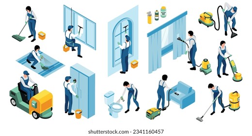 Cleaning service isometric color set of people working in cleaning company washing objects indoor and outdoor isolated vector illustration