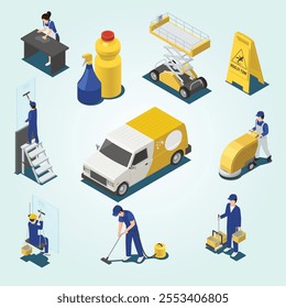 Cleaning service isometric flowchart with workers, detergents, machine equipment, washing of windows