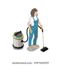 Cleaning service isometric icon with worker in uniform vacuuming floor 3d vector illustration