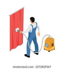 Cleaning service isometric icon with worker in uniform vacuuming curtains 3d vector illustration