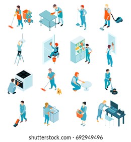 Cleaning service isometric set including workers during washing of windows, floors, wiping of furniture isolated vector illustration 