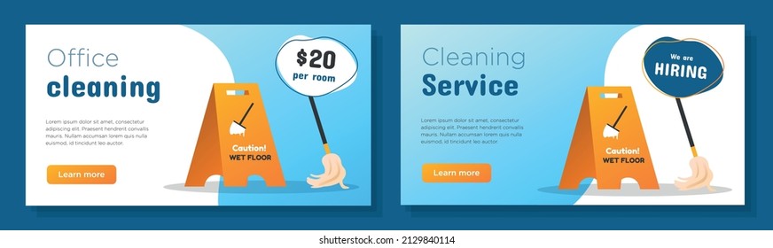 Cleaning service job online banner template set, hiring cleaning employees corporate advertisement, horizontal ad, floor mop campaign webpage, flyer, creative brochure, isolated on background.