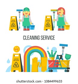 Cleaning service. Cleaning kit. Professional maid in overalls with a MOP and bucket. Yellow wet floor sign.