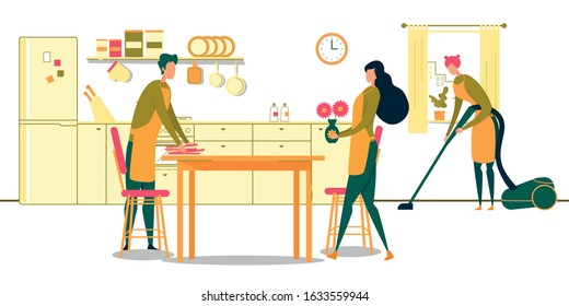 Cleaning Service for Kitchen Room Flat Cartoon Vector Illustration. Man Serving Table with Plates, Woman Putting Vase with Flowers, Girl Tidying Up Floor with Vacuum Cleaner. Household Chores.