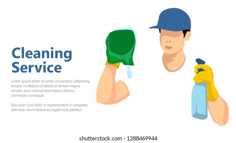 cleaning service labour wear blue hat in white tshirt and yellow gloves. clean the window glass in white background with sample flat style illustration