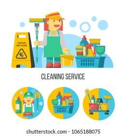 Cleaning service. Cleaning lady with MOP and bucket in hand. Flat vector illustration, set of emblems, logos. Professional cleaning of premises. Set of vector cliparts isolated on white background. 