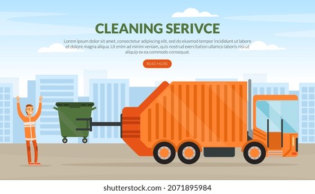 Cleaning Service Landing Page with Man Waste Collector or Garbageman in Orange Uniform Collecting Municipal Solid Waste and Recyclables in Garbage Truck Vector Template