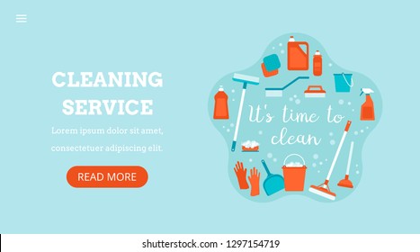 Cleaning service. Landing page template. Modern flat  concept for web design. Vector illustration with cleaning tools. It's time to clean. Spring cleaning.