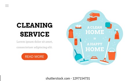 Cleaning service. Landing page template. Modern flat  concept for web design. Vector illustration with cleaning tools. A clean home is a happy home. Spring cleaning.