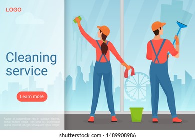 Cleaning service landing page vector template. Housekeeping business website homepage interface idea with flat vector illustrations. Professional cleaners, window washing web banner cartoon concept