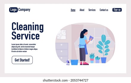 Cleaning Service landing page. Young woman washes the window with a rag. Housekeeping concept. Colorful flat vector illustration