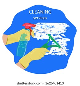 Cleaning service - lather - hand in rubber glove, detergent bottle, scraper - Abstract icon - vector.