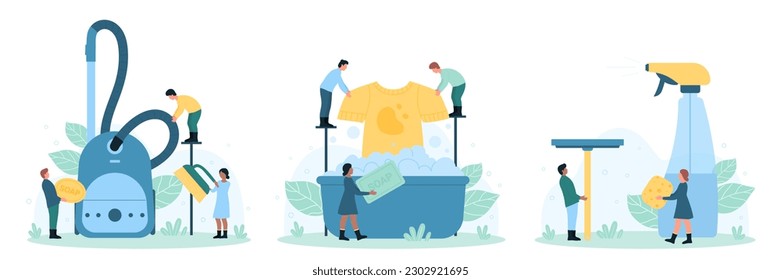 Cleaning service and laundry set vector illustration. Cartoon tiny people housekeeping, professional janitors clean home with vacuum cleaner and mop, brush and detergent in bottle, wash dirty clothes