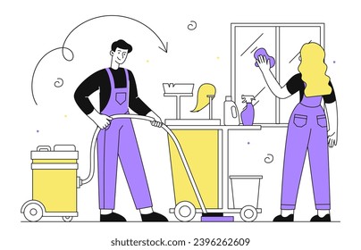Cleaning service line concept. Man and woman in uniform with rag and mop. Hotel service with household. Poster or banner. Linear flat vector illustration isolated on white background