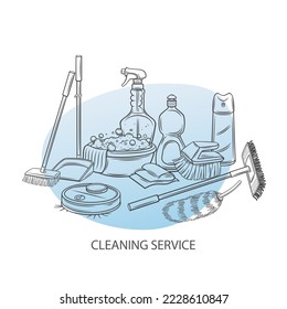 Cleaning service, line design template vector illustration. Hand drawn outline supplies and equipment to clean home from dust garbage, brush and mop, laundry basin and cleaning detergent for hygiene