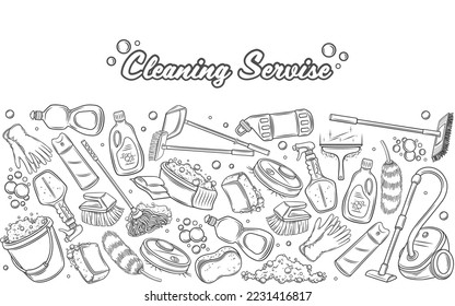 Cleaning service, line design template vector illustration. Hand drawn outline housekeeping tools and maids equipment among soap bubbles, vacuum cleaner and brush, cleaning broom, mop to clean house