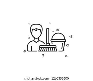 Cleaning service line icon. Bucket with mop symbol. Washing Housekeeping equipment sign. Geometric shapes. Random cross elements. Linear Cleaning service icon design. Vector