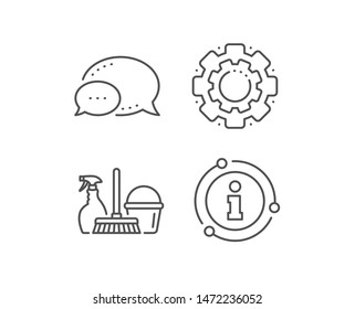Cleaning service line icon. Chat bubble, info sign elements. Spray, bucket and mop symbol. Housekeeping equipment sign. Linear household service outline icon. Information bubble. Vector