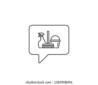 Cleaning service line icon. Chat bubble design. Spray, bucket and mop symbol. Housekeeping equipment sign. Outline concept. Thin line household service icon. Vector