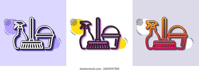 Cleaning service line icon. Halftone dotted pattern. Gradient icon with grain shadow. Spray, bucket and mop symbol. Housekeeping equipment sign. Line household service icon. Various designs. Vector