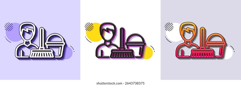 Cleaning service line icon. Halftone dotted pattern. Gradient icon with grain shadow. Bucket with mop symbol. Washing Housekeeping equipment sign. Line cleaning service icon. Various designs. Vector