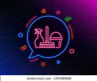 Cleaning service line icon. Neon laser lights. Spray, bucket and mop symbol. Housekeeping equipment sign. Glow laser speech bubble. Neon lights chat bubble. Vector