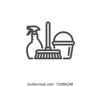 Cleaning service line icon. Spray, bucket and mop symbol. Housekeeping equipment sign. Quality design element. Editable stroke. Vector