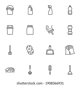 Cleaning service line icons set, outline vector symbol collection, linear style pictogram pack. Signs, logo illustration. Set includes icons as sponge, laundry, toilet brush, trash bin, detergent