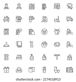 Iconos de línea de servicio de limpieza establecidos. colección de símbolos de estilo lineal, paquete de signos de contorno. Gráficos vectoriales del servicio de doncella. El juego incluye íconos como doncella, limpiador de vacío, dormitorio, cocina, lavadora