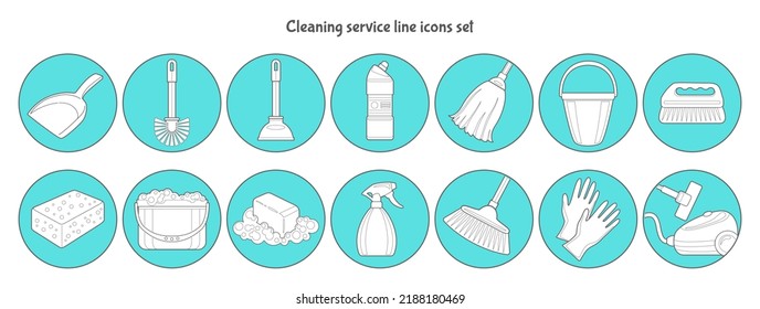 Cleaning service line icons set. Outline vector symbol collection, linear style pictogram pack of shovel, brush, plunger, detergent, bucket, broom, sponge, pail, soap, mop, gloves, vacuum cleaner.