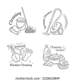 Cleaning service line icons set vector illustration. Hand drawn outline equipment and tools of maid, detergent spray bottle for window washing, hygiene and landry, home cleaning from dust and dirt