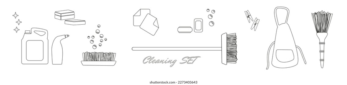 Cleaning service line icons set vector illustration. Hand drawn outline equipment and tools of maid, set for home cleaning from dust and dirt. Outline cleaning set.